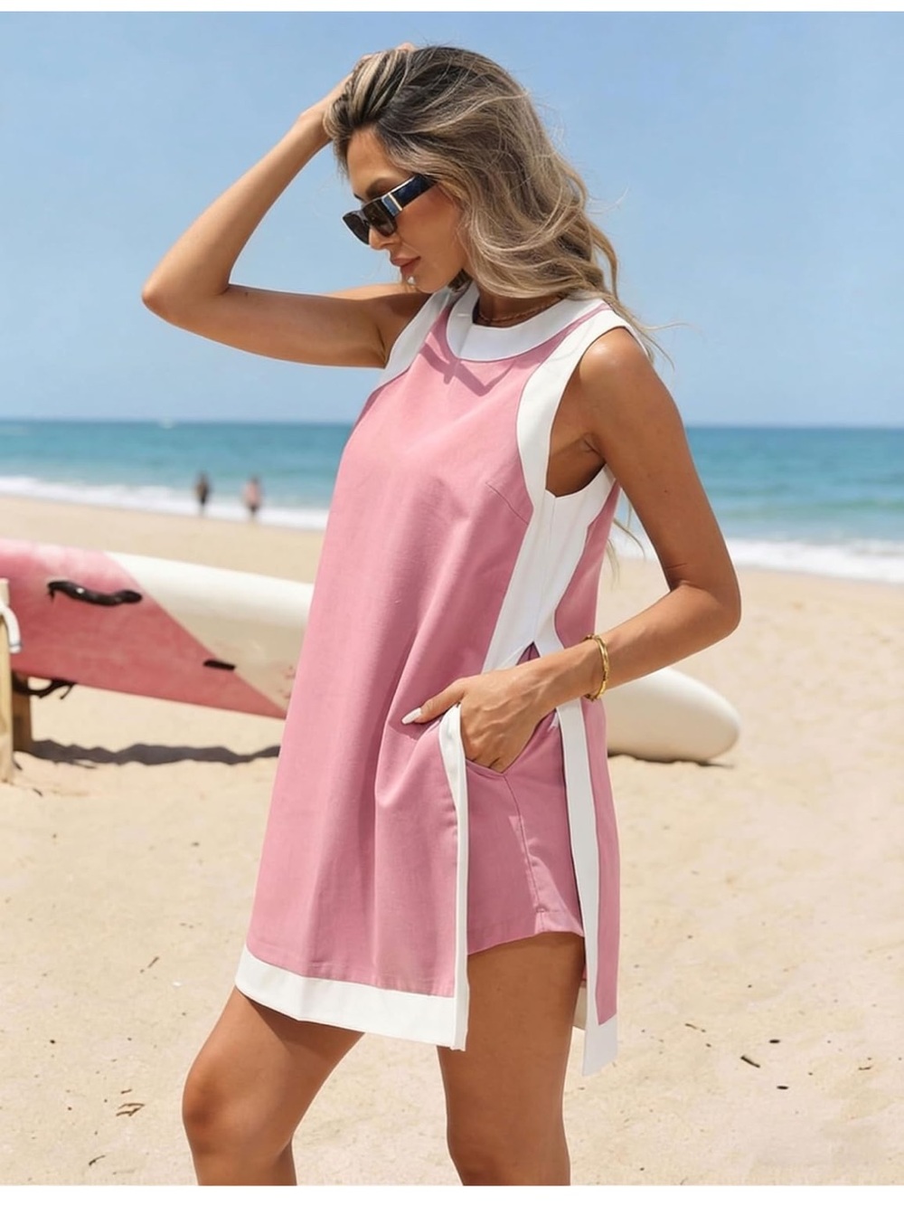 Pink and White Sleeveless Two-Piece Women's Set - Picture 5 of 9